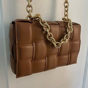 New!! Small woven crossbody bag with gold chain strap.